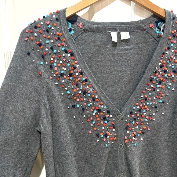 Anthropologie MOTH Gray Pom-Pom Cardigan Sweater Cotton Cashmere Blend Size M - Picture 7 of 11